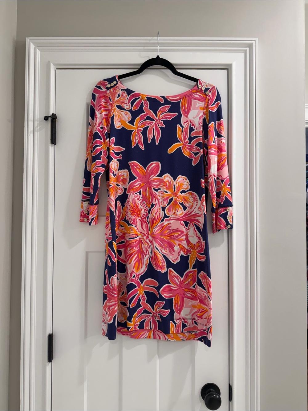 Lilly Pulitzer Navy Floral Shift Dress with Pink & Orange Print